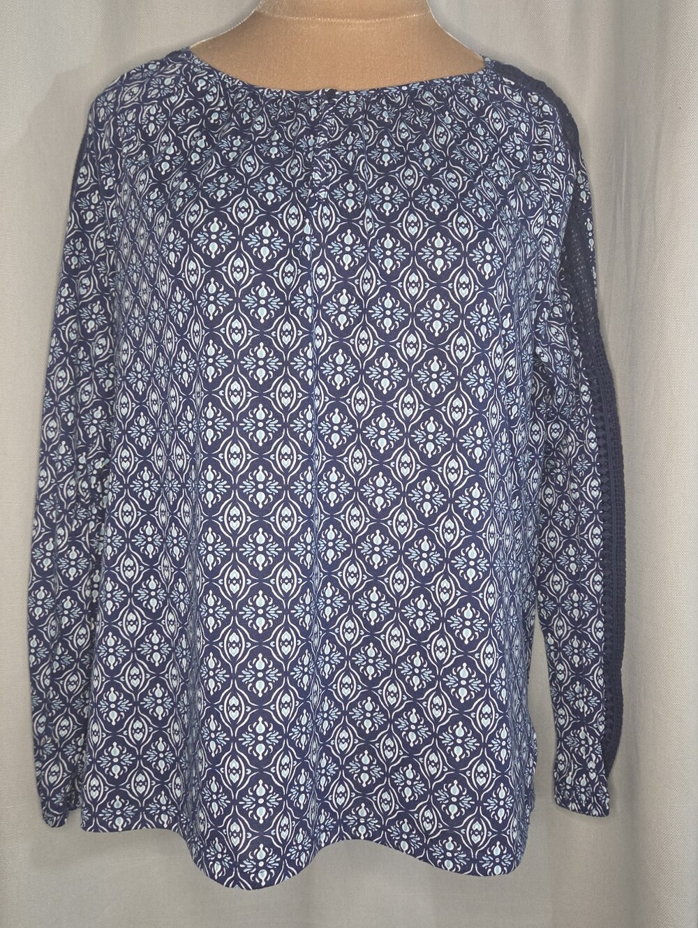 St. John's Bay Navy and White Geometric Long-Sleeve Blouse - Picture 1 of 7